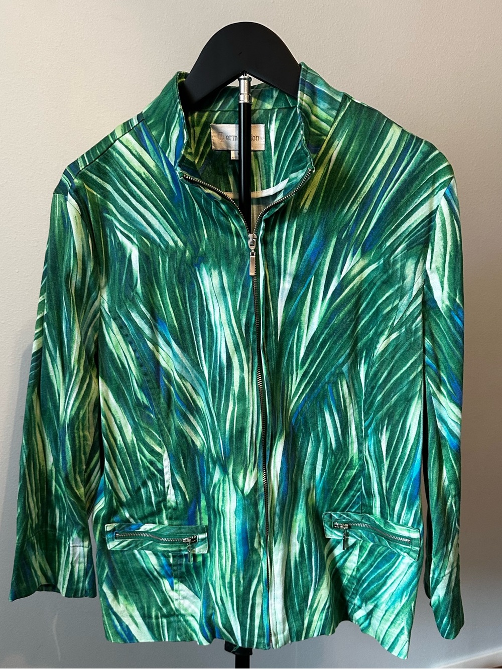 Erin London Full Zip Abstract Grass Print Jacket - Green/Blue - Size L